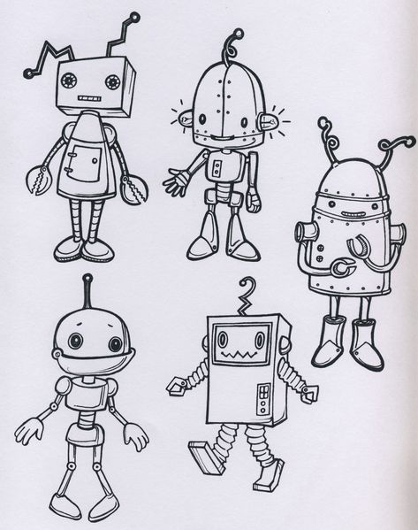 robots | robot drawings for fabric design | Star Primm | Flickr Robot Drawing Ideas, Robot Drawing, Robot Tattoo, Robot Sketch, Robots Drawing, Robot Cartoon, Robot Illustration, Arte Robot, Cartoon Monsters