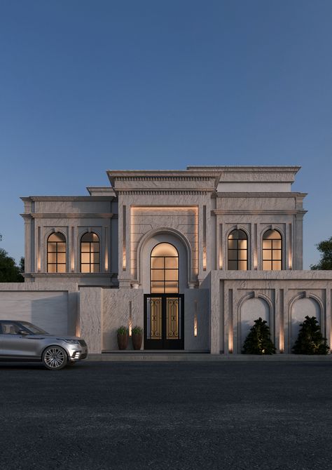 SHRY_Private villa in Riyadh on Behance Classic Villa Exterior, New Classic Villa, Classic Villa Design, Classical Facade, Classical Villa, Villa Exterior Design, Fasad Design, Classic Facade, Eksterior Modern