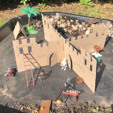 Recycled cardboard Castle – learn how to make this small world play castle. By Lottie Makes Eyfs Princess Activities, Dragon Tuff Tray, Outdoor Small World Play, Fairytale Tuff Tray, Castle Eyfs Activities, Castles Eyfs Activities, Knights And Castles Topic Eyfs, Small World Ideas Eyfs, Small World Activities Eyfs