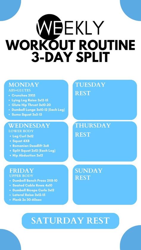 Weekly Workout Routine For Women Just 3-Day/Week #workoutplan #fitnessgoals #workoutroutine #fullbodyworkout #exerciseplan #weeklyworkout. https://www.theworldaccordingtome.org/healthy-food-and-drink-recipes/1859787_weekly-gym-workout-plan-for-women-get-strong-and-feel-great/?exs296 Weekly Workout Routine For Women, Weekly Gym Workout Plan, Weekly Gym Workouts, 10 Week Workout Plan, Weekly Workout Routine, Workout Routine For Women, Gym Workout Plan, Weekly Workout Routines, Dumbbell Workouts