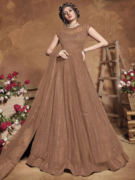 Beige Net Partywear Embroidered Lehenga Suit - inddus-us Brown Indian Dress, Brown Wedding Party, Brown Anarkali, Indian Dress Anarkali, Lehenga Kameez, Anarkali Tops, Floor Length Anarkali, Anarkali Lehenga, Lehenga Suit