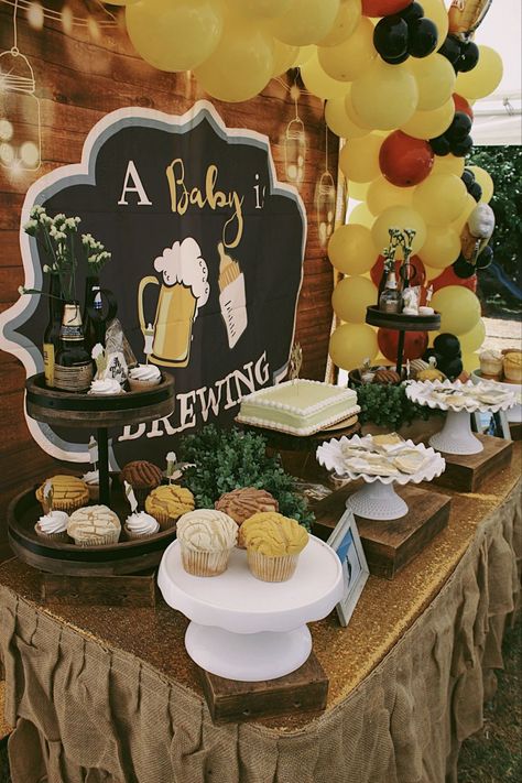 Bottles And Brews Party, Brewery Baby Shower Decorations, A Baby Is Brewing Baby Shower Ideas Beer, Beer Baby Shower Ideas, Beer And Baby Shower Ideas, Brewery Baby Shower Ideas, Baby Is Brewing Gender Reveal, Baby Brewing Shower Ideas, A Baby Is Brewing Baby Shower Ideas