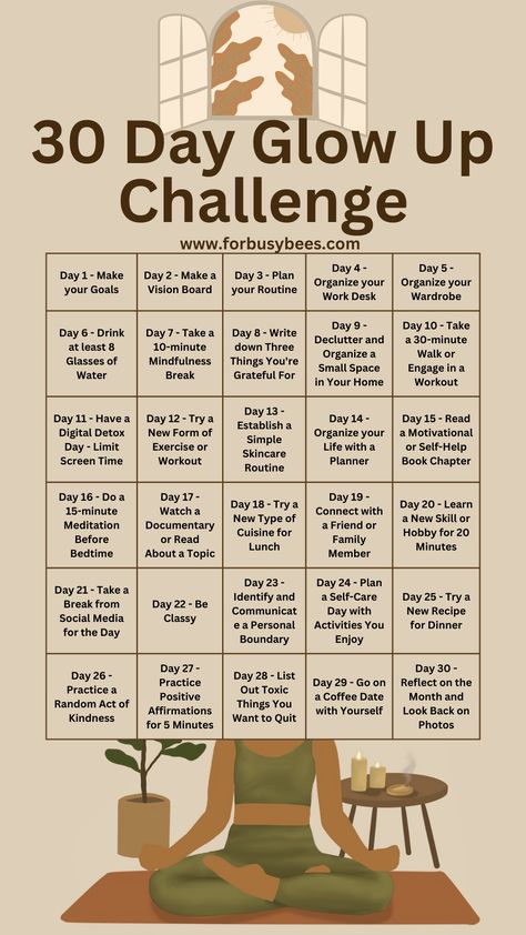 30 day glow up challenge 30day Self Care Challenge, Self Improvement Ideas Daily Routines, One Month Self Care Challenge, 30 Day Challenge For Students, Challenges For Self Improvement, 30 Day Goal Challenge, One Month Journal Challenge, 30 Day Challenge Self Improvement, 30 Days Affirmation Challenge