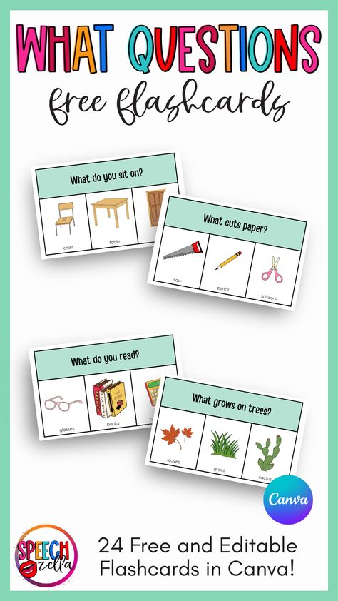 Discover the ultimate tool for speech therapists and educators with our free, editable 'What' questions flashcards. Designed with engaging visuals and editability, these flashcards will help your students master their 'wh'-questions skills and improve their speech development. Don't miss the chance to download these printable resources - click now! Free Slp Resources, Aba Therapy Printables, Wh Questions Flashcards, Speech Therapy Worksheets Free Printable, Group Speech Therapy Activities, What Questions Speech Therapy, Wh Questions Speech Therapy, Wh Questions Activities, Expressive Language Activities