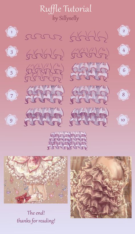 Ruffle tutorial by Sillyselly on DeviantArt Ruffles Drawing Tutorial, Ruffles Tutorial Drawing, Lace Drawing Reference, How To Draw Frills And Ruffles, How To Draw Frills, Ruffles Drawing Reference, How To Draw Skirt Ruffles, Ruffle Drawing Reference, Ruffle Drawing
