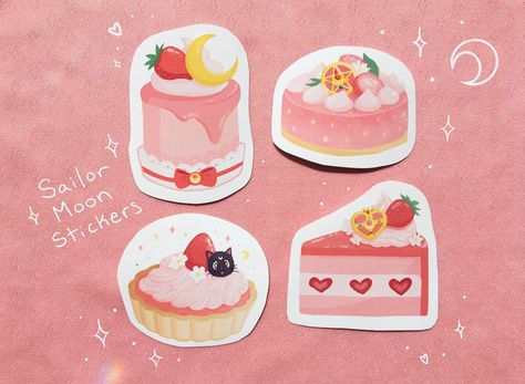 🌙 Sailor Moon Stickers 🌙 I made these cakes inspired by Sailor Moon! Perfect for loves of cakes and anime! I hope you like these stickers as much as I enjoyed drawing them! 💕 Set of All 4 - $13 SIZE (approximately)  1 Tall Moon Cake- 2.7 H" x 2 W" 2 Star Cake - 2 H" x 2.2 W" 3 Luna Tart- 2 H" x 2.4 W" 4 Heart Cake Slice- 2.4 H" x 2.4 W" Matte Vinyl , Weatherproof material (Not recommended to use on objects exposed to water and extreme temperature.) Feel free to message me any questions! NOTES Moon Stickers, Star Cake, Dessert Illustration, Anime I, Star Cakes, Moon Cake, Handmade Charms, Mail Letters, Art Anime