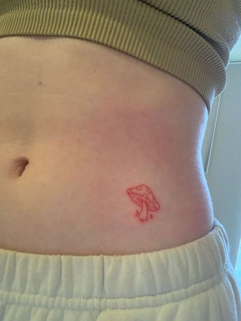 Mushroom Tattoos Minimalist, Chaeyoung Strawberry Tattoo, Red Ink Mushroom Tattoo, Minimalist Tattoo Red Ink, Two Mushrooms Tattoo, Mushrooms Tattoo Ideas, Single Mushroom Tattoo, Strawberry Mushroom Tattoo, Red Sticker Tattoo