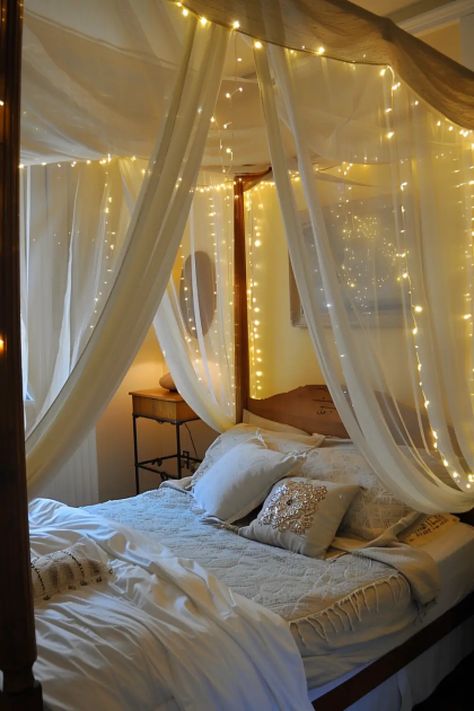 Canopy Bed With Twinkle Lights, Fake Canopy Bed, Curtain Over Bed, Bedroom Bed Ideas, Vintage Chic Bedroom, Bed In Middle Of Room, Boho Bedroom Bed, Girly Apartment Ideas, Bamboo Bed Frame