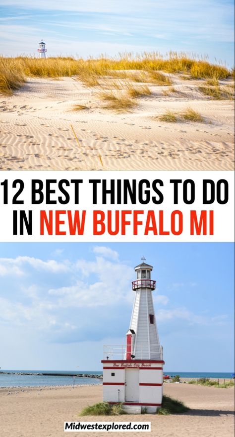 White lighthouse with red roof and white sandy beach of New Buffalo. New Buffalo Michigan Things To Do In, Union Pier Michigan, New Buffalo Michigan, Indiana Beach, Michigan Travel Destinations, Michigan City Indiana, Travel Michigan, Michigan Lake, Michigan Adventures