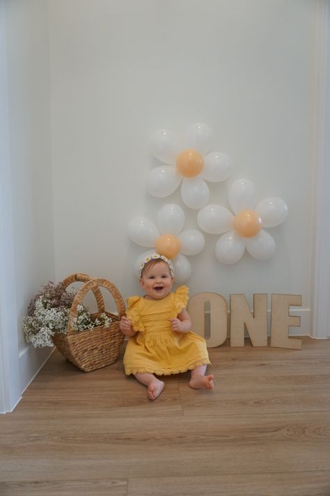 First Birthday Photo Shoot Ideas Daisy, Daisy 1 Year Photoshoot, Daisy One Year Photoshoot, 1st Birthday Photoshoot Daisy Theme, Daisy Theme Photoshoot, One Year Daisy Birthday, Boho Daisy Birthday Party Ideas, Daisy 1st Birthday Photoshoot, Daisy Smash Cake Photoshoot