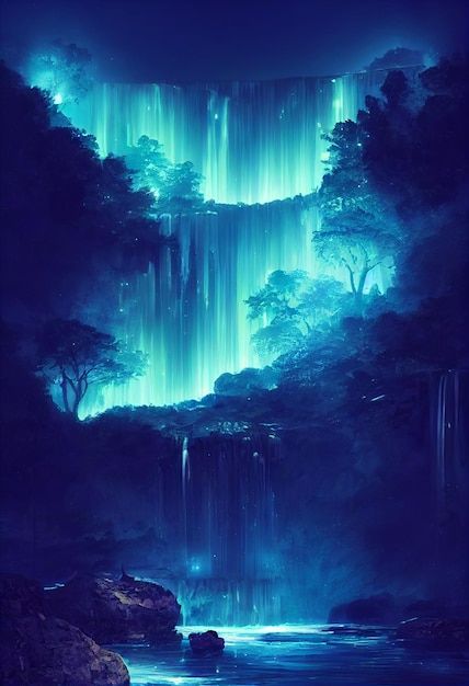 Fantasy of neon waterfall in deep forest... | Premium Photo #Freepik #photo #enchanted #fantastic #fantasy #water-fall Magical Forest Waterfall, Fantasy Waterfall City, Fantasy Waterfall Art, Fantasy Glowing Forest, Fantasy Bioluminescent Forest, Water Fantasy World, Water Magic Fantasy Art, Bioluminescence Forest, Fantasy Places Art