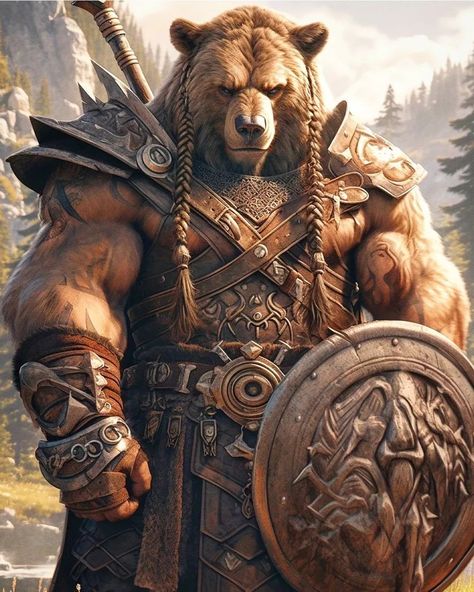 Fantasy Humanoid Creatures, Bear Character Design, Madara Wallpaper, Fantasy Art Warrior, Bear Man, Animal Portraits Art, Toyota 4, 4 By 4, Fantasy Races