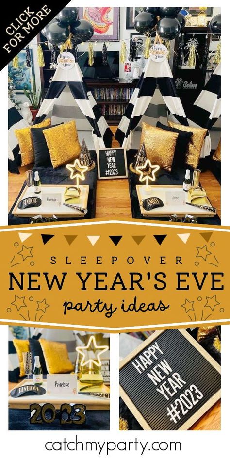 Don't miss this fabulous NYE sleepover! The teepees are so cool! See more party ideas and share yours at CatchMyParty.com Nye Sleepover Party, New Years Eve Sleepover Ideas, New Years Eve Pajama Party Ideas, New Year’s Eve Sleepover Ideas, New Year’s Eve Sleepover, Sleepover Bday, New Years Eve Birthday Party, Tent Parties, Diy Nye