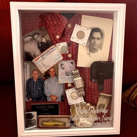 Remembrance Picture Frame, Obituary Keepsake Ideas, Diy Shadow Box Ideas Memories, Memorial In Home, Family Memorial Wall, Memorial Box Frame Ideas, Remembrance Shadow Box Ideas, Memorial Room Decor, Memorial Box Ideas