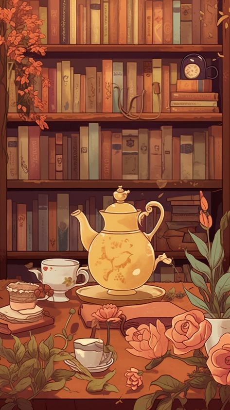 Books And Tea Wallpaper, Cozy Book Illustration, Cozy Background Wallpapers, Fall Cute Illustration, Calm Nature Drawing, Cosy Wallpaper Aesthetic, Calm Illustration Art, Tea Pots Aesthetic, Brown Backgrounds Aesthetic