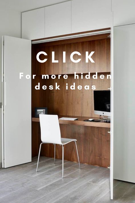 Hidden desk ideas for those working from a small home #secretdesk #hidden desk #WFM Home Desk Hidden, Desk Behind Sliding Door, Hidden Desk Office, Hidden Office Desk In Living Room, Desk In A Cupboard, Desk Inside Cupboard, Sideboard With Hidden Desk, Hidden Desk In Closet, Hidden Work Station