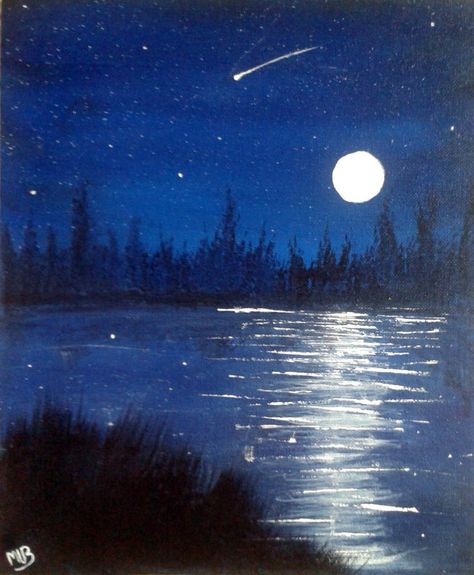 Night Painting Landscape, Night Time Scenery Painting, Painting Lake Acrylic, Acrylic Painting Night Sky Moonlight, Night Time Ocean Painting, Night Sky Ocean Painting, Night Scenery Watercolor Painting, Ocean Scenery Paintings, Night Time Landscape Paintings