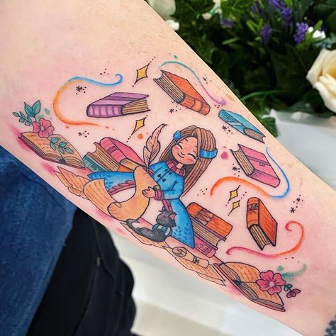 Forearm Tattoo Women Books, Reading Rainbow Tattoo, Colorful Book Tattoos, Book Tattoo Ideas For Women, Literature Tattoos, Teacher Tattoos, Reading Tattoo, Book Lover Tattoo, Surrounded By Books