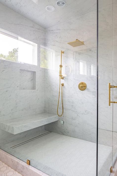 Marble Shower Niche, Floating Shower Bench, Bathroom Timeless, Countertop Bathroom, Window In Shower, Marble Showers, Master Shower, Bathroom Redesign, Shower Bench