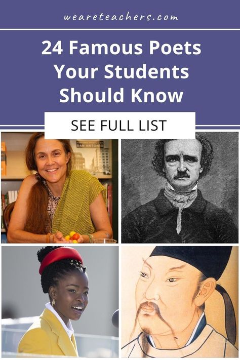 Looking for a list of famous poets your students should know? We've got you covered! There's something for every grade level. Middle School English Lesson Plans, Blake Poetry, Poems By Famous Poets, High School English Lesson Plans, 9th Grade English, High School English Lessons, Famous Poetry, Famous Inventors, High School Books