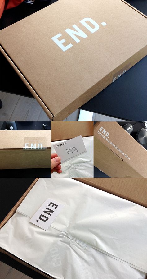 End Clothing UK Shipping Box                                                                                                                                                      More                                                                                                                                                      More Box For Clothes Ideas, Packaging Shipping Ideas, Recycled Shipping Packaging, Aesthetic Clothing Packaging, Box Shipping Packaging, Box Clothes Packaging, Simple Packaging Ideas For Clothes, Packaging Design Inspiration For Clothes, Clothes Box Packaging