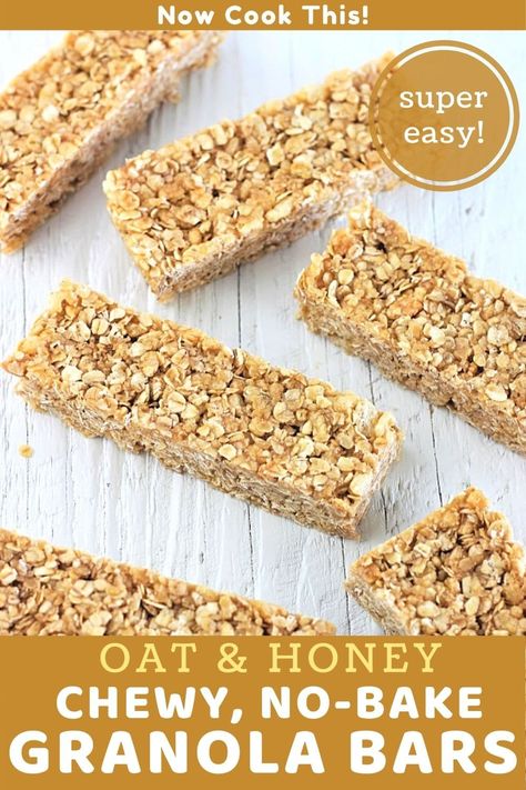 These homemade Oat and Honey Chewy No-Bake Granola bars are so quick, easy, and delicious that you may never buy granola bars again. Think crispy treats meets granola bar! Get the recipe and give them a try! #homemadegranolabars #granolabars #chewygranolabars #nobakegranolabars Sunbelt Granola Bars, Honey Granola Bar Recipe, Granola Bar Recipe Easy, Oatmeal Granola Bars, Chewy Granola Bars Homemade, Granola Bar Recipe Chewy, Easy Granola Bars, Oat Bar Recipes, No Bake Granola Bars