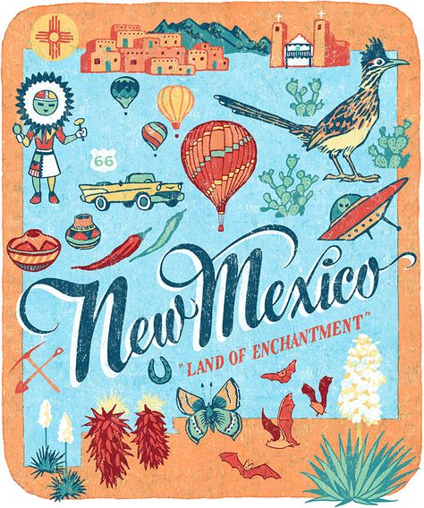 New Mexico illustration by Chandler O'Leary Mexico, Santa Fe, Santa Fe New Mexico Aesthetic, New Mexico Aesthetic, New Mexico Tattoo, Mexico Illustration, Mexico Tattoo, New Mexico Map, Patriotic Images