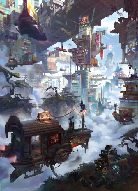 ArtStation - Busan 2070, robin lhebrard Sztuka Science Fiction, Concept Art Landscape, Steampunk City, Arte Steampunk, Nathan Drake, Arte Cyberpunk, Fantasy City, Fantasy Places, Fantasy Setting