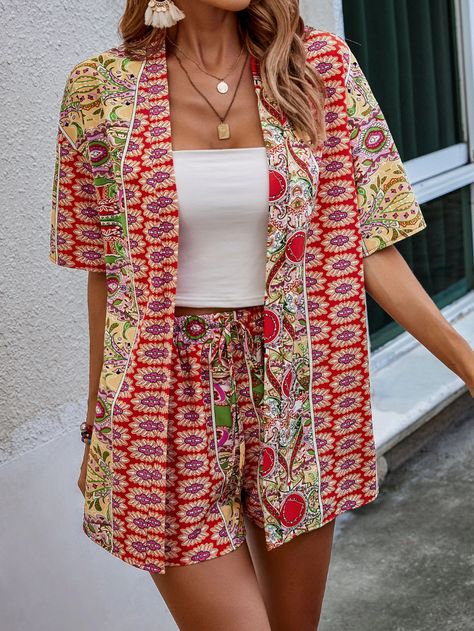 Women's & Men's Clothing, Shop Online Fashion SHEIN Short Sleeve Kimono Cardigan, Summer 2 Piece Outfits, Blouse And Shorts, Outfits Short Sleeve, Shirts And Shorts, Short Sleeve Kimono, Open Front Kimono, Kimono Blouse, Plus Size Boho