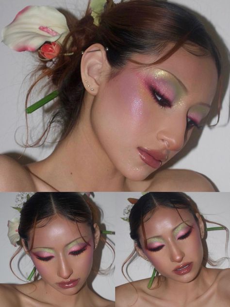 Makeup trends 2023 / 2024 Pastel makeup flower makeup Fairy Vibes Makeup, Garden Of Time Makeup, Pink Green Eyeshadow Look, 2024 Spring Makeup, Makeup Looks 2024 Trends, Pastel Editorial Makeup, Editorial Flower Makeup, Spring Editorial Makeup, Pink Flower Eye Makeup