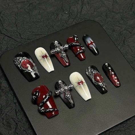 How would you choose among these 4 nail styles?💅💅 #pressonnails #nails #nailsofinstagram #nailsnailsnails #nailart #y2k #y2knailart #y2knails #fyp #gafanail #summernails Christmas Y2k, Gigi Nails, Gothic Nail Art, Luxury Press On Nails, Gothic Nails, Goth Nails, Edgy Nails, Y2k Nails, Red Nail Designs