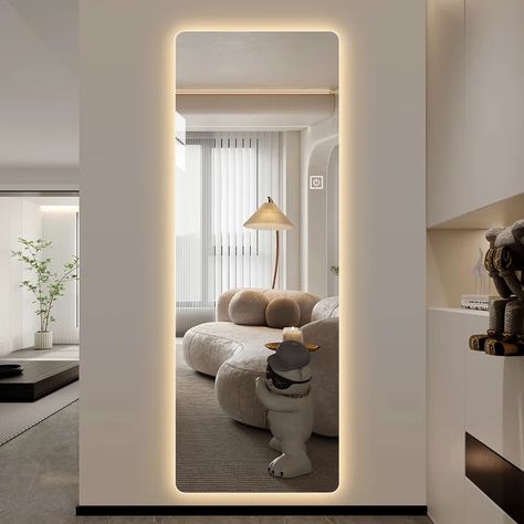 Orren Ellis Autavia Lighted Frameless Full Length Mirror | Wayfair Led Floor Mirror, Full Body Bathroom Mirror, Room Full Body Mirror, Mirror Back Lighting, Backlit Mirror Bedroom, Bedroom Full Body Mirror, Full Body Mirror On Wall, Lighted Full Length Mirror, Floor Length Mirror With Lights