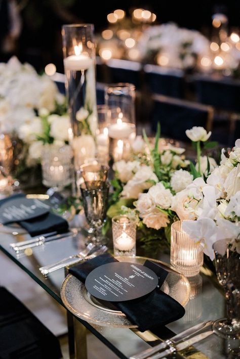 Flower Back Drop Decorations, White And Black Reception Decor, Indoor Hotel Wedding Reception, Iron Wedding Decor, Creme And Black Wedding, Black Champagne And White Wedding, White Green Black Gold Wedding, Black Tie Elegant Wedding, Black Tie Glam Wedding