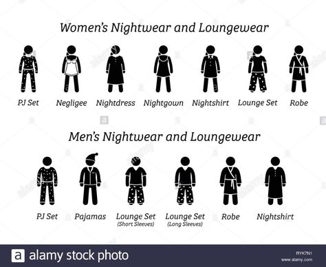 Men and women nightwear and loungewear fashion designs. Stick figures depict different type of sleepwear, pajamas, and clothing that wear at home or h Stock Vector Nightgown Outfit, Lounge Wear Fashion, Sleeping Outfits, Sleep Outfit, Download Icon, Night Gown Dress, Mens Nightwear, Night Pajama, Loungewear Fashion