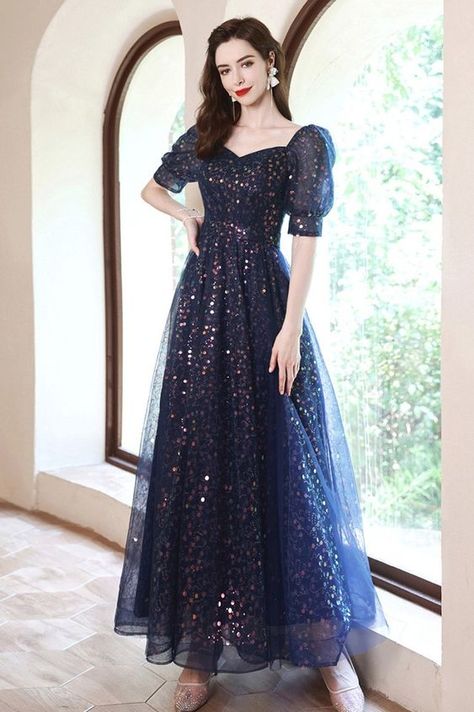 TULLE Navy Blue Midnight Blue Prom Dress With Sleeves, Dark Blue Tulle Dress, Modest Fancy Dresses, Mormon Prom Dresses, Midnight Blue Prom Dresses, Aline Prom Dress, Blue Dress With Sleeves, Prom Dresses Lace Sleeves, Elegant Blue Dress