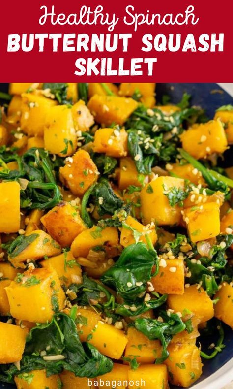 Healthy butternut squash and spinach skillet. Butternut Squash Recipes Healthy, Butternut Squash Side Dish, Sauteed Butternut Squash, Butternut Squash And Spinach, Healthy Squash Recipes, Butternut Squash Spinach, Colorful Recipes, Butternut Squash Recipe, Frozen Butternut Squash