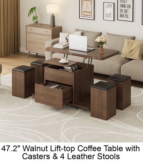 This lift-top coffee table set is a perfect space-saving furniture that provides ample storage and versatility. Underneath the table, there are four stools that can be pulled out and used as additional seating, footrests or storage cabinets. Space Saving Furniture Living Room, Loft Bed With Desk Underneath, Small Spaces Furniture, Bed With Desk Underneath, Coffee Table With Casters, Compact Sofa, Coffee Table Storage, Loft Bed With Desk, Black Living Room Decor