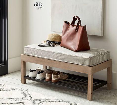 bench | Pottery Barn Small Hallway Bench, Small Entry Bench, Beadboard Paneling, Wood Entryway, Foyer Furniture, Storage Benches, Steel Storage, Entry Bench, Attic Design