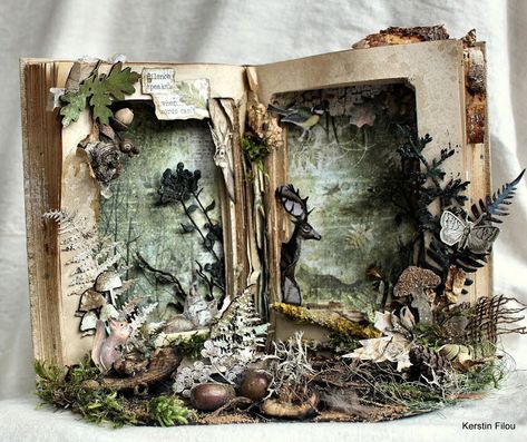 Hollow Book Ideas, Altered Books Ideas, Book Diorama, Forest Scrapbook, Vasos Vintage, Book Centerpieces, Book Painting, Book Art Sculptures, Altered Book Journal