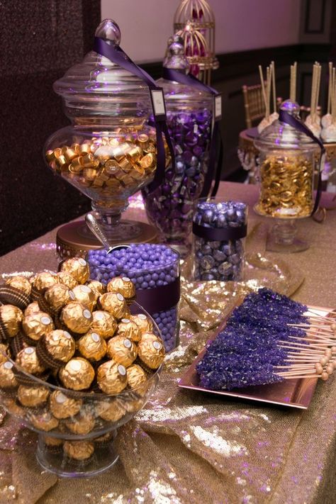 Purple And Gold Themed Party, Graduation Purple And Gold, Purple & Gold Party, Sweet 16 Buffet Ideas, Candy Bar Ideas Quinceanera, Cute Birthday Color Schemes, Sweet 16 Decorations Purple And Gold, Sweet 16 Party Ideas Lavender And Gold, Gold Black And Purple Party Decorations