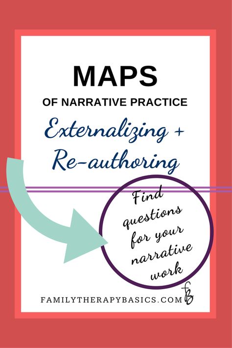 Learn about narrative therapy's "maps" regarding externalizing and re-authoring conversations, in this post. Narrative Therapy, Therapeutic Games, Therapy Questions, Social Emotional Activities, Clinical Social Work, Mental Health Counseling, Family Therapist, Marriage And Family Therapist, Counseling Resources