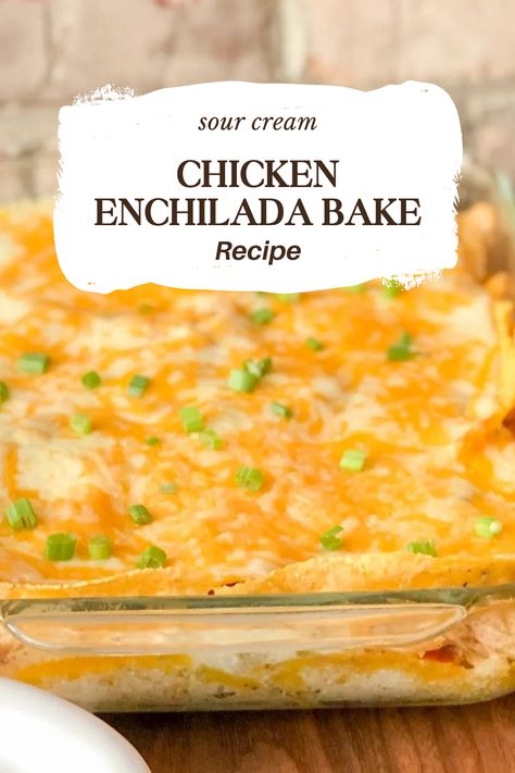 Casserole Enchilada, Sour Cream Chicken Enchilada Recipe, Chicken Sour Cream, Creamy Enchilada, Sour Cream Enchiladas, Cheesy Enchiladas, Chicken Enchilada Bake, Green Chilis, Enchilada Bake