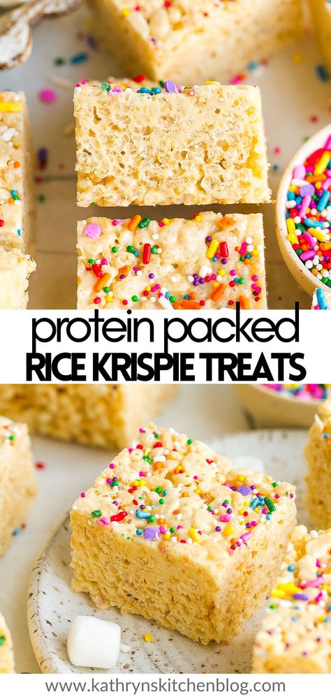 Protein Marshmallow Treats, No Bake Protein Bars With Protein Powder, High Protein Marshmallows, Healthy Rice Krispie Treats Protein, Rice Crispy Healthy Treats, Protein Crispy Bars, High Protein Rice Meals, Clean High Protein Snacks, Protein Rice Krispies