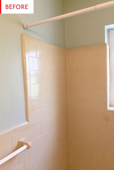 Cheap Bathtub Remodel, Vintage Tile Bathroom Update, All Tiled Small Bathroom, 70s Tile Bathroom Makeover, Diy Bathroom Renovation Ideas, Apartment Rental Bathroom Decor, Small Bathroom Painted Tiles, Yellow Tile Bathroom Makeover, Reglaze Tile Bathroom