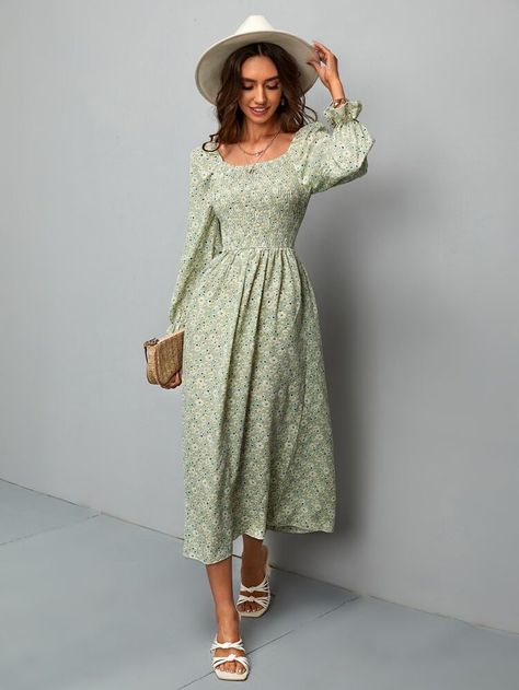 Free Returns ✓ Free Shipping On Orders $49+ ✓. Ditsy Floral Shirred Flounce Sleeve A-line Dress- Women Dresses at SHEIN. Boho Dresses Midi, Green Ditsy Floral Dress, Cute Modest Dresses For Teens, Mint Green Floral Dress, Cottagecore Dress Green, Light Green Floral Dress, Mint Green Dress Outfit Casual, Long Modest Dresses Casual, Light Green Dress Outfit