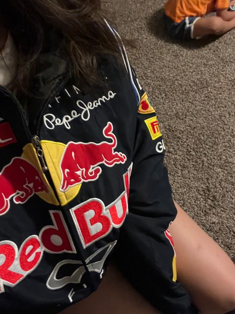 Red Bull Vintage Jacket, F1 Wag Aesthetic Red Bull, Redbull Girl Aesthetic F1, Red Bull Girl Aesthetic F1, Red Bull Racing Aesthetic, F1 Driver Aesthetic, Female Racer Aesthetic, Red Bull Aesthetic, F1 Clothes