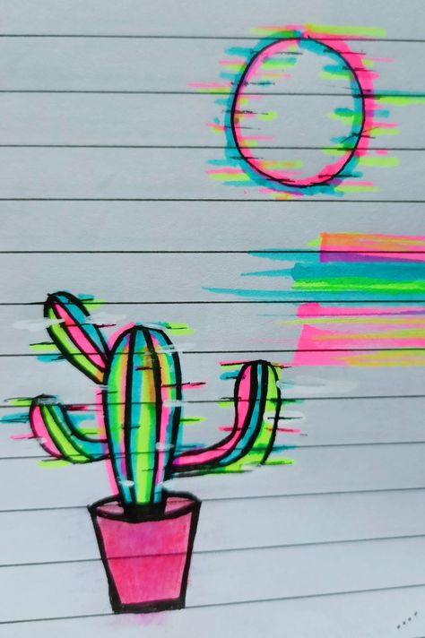 Neon Drawings Sketch, Cactus Chalk Art, Neon Eye Drawing, Neon Signs Drawing, Painting With Neon Colors, Hilighter Drawing, Draw Neon Effect, Posca Neon Art, Highlighter Art Easy