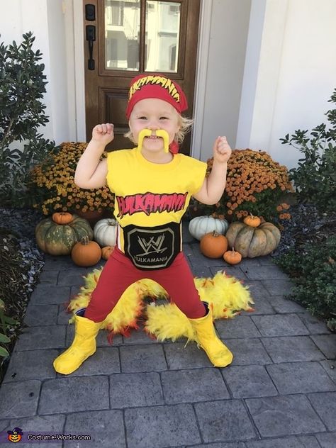 Hulk Hogan Homemade Costume Hulk Hogan Halloween, Toddler Halloween Costumes For Boys, Hulk Hogan Halloween Costume, Hulk Hogan Costume, Wrestling Costumes, Zombie Couple Costume, Funny Baby Costumes, Toddler Boy Costumes, Blonde Halloween Costumes