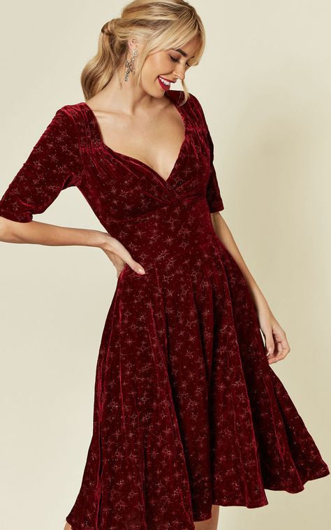 Trixie Sparkling Stars Midi Skater Dress In Red Velvet | Collectif Clothing | SilkFred Cute Velvet Dresses, Christmas Dress Casual, Christmas Midi Dress, Burgundy Winter Dress, Christmas Floral Dress, Holiday Midi Dress, Casual Christmas Dress, Christmas Velvet Dress, Christmas Dress Ideas For Women