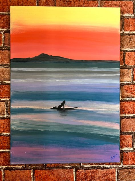 Surfer Canvas Painting, Surfboard Acrylic Painting, Surf Paintings Easy, Obx Aesthetic Painting Ideas, Surfer Painting Acrylic, Easy Surf Paintings, Surf Acrylic Painting, Ocean Canvas Painting Ideas, Tropical Painting Ideas Easy